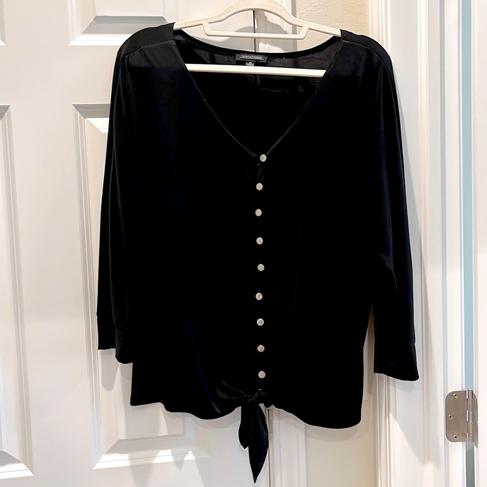 Notations XL Top Black 3/4 Sleeve Silver buttons tie waist wear open or closed